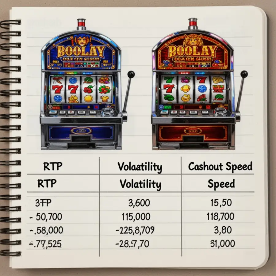 Two slot machines are compared on a notebook using RTP, volatility and cashout speed as simple columns.