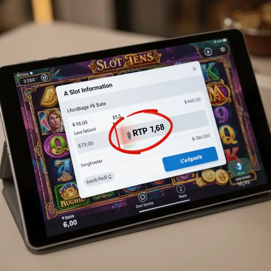 A slot information card is open on a tablet with the RTP figure circled for closer reading.