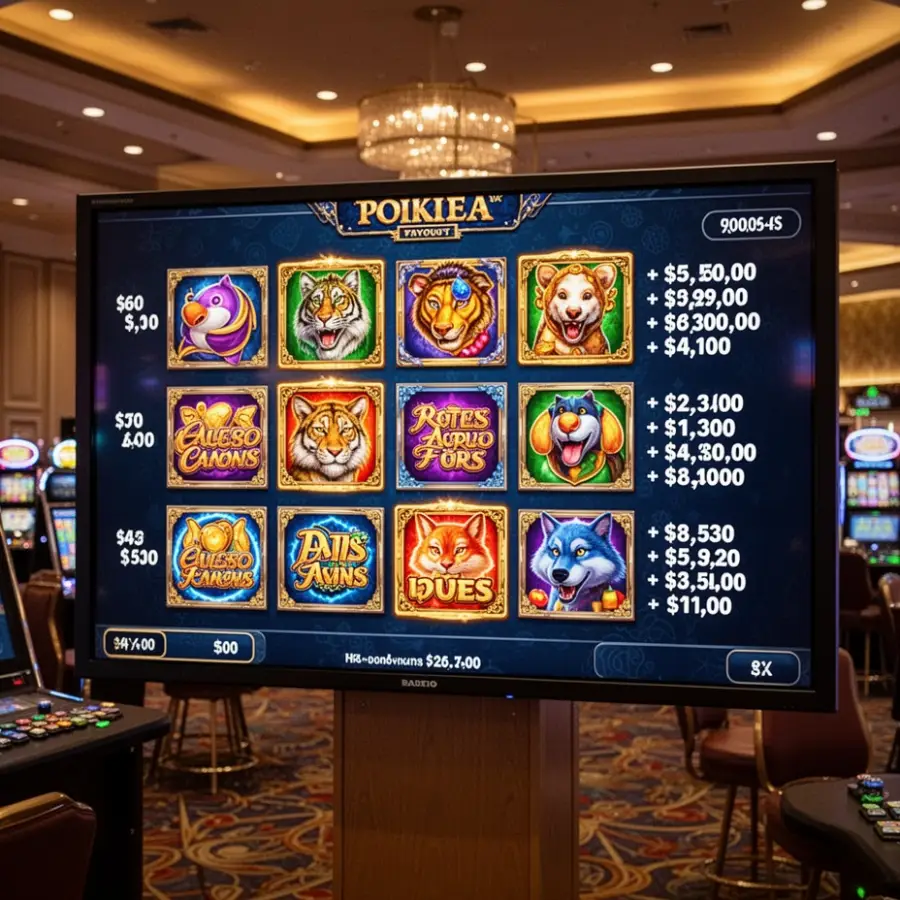 A casino lobby screen shows several pokie tiles with payout notes written beside them.